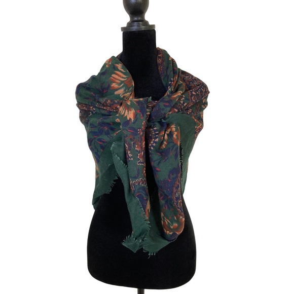 Unbranded Accessories - Vintage Style Made in Italy Green Floral Paisley Print Fringe‎ Wrap Scarf Shawl